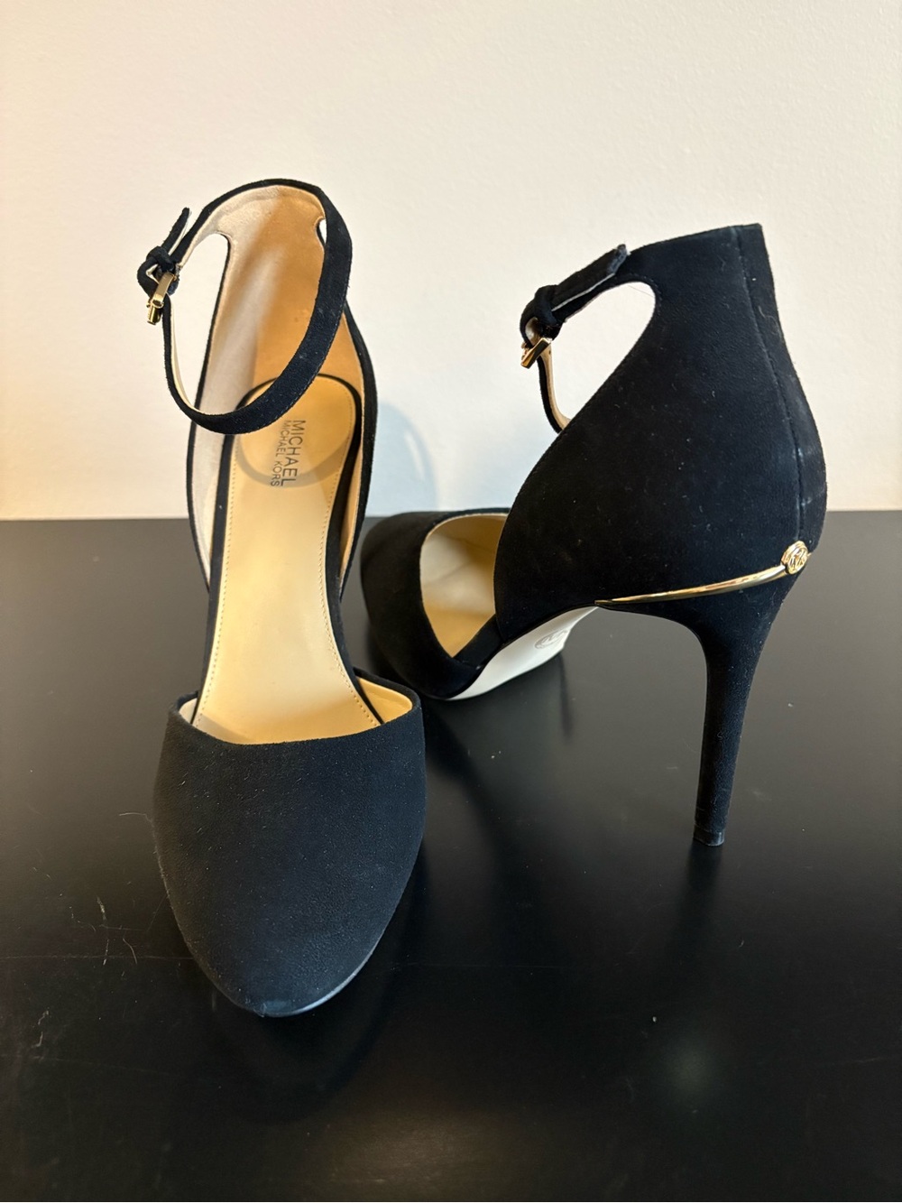 Michael Kors Black Suede Ankle-Strap Pointed-Toe Heels with Gold Accent